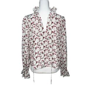 Floral Notched Collar Long Sleeve Blouse with Ruffled Collar Cuffs White Red LG